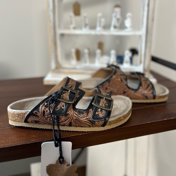 New Summer Myra Bag Handmade Tooled Genuine Leather Spring Sandals Black Brown - Picture 9 of 15